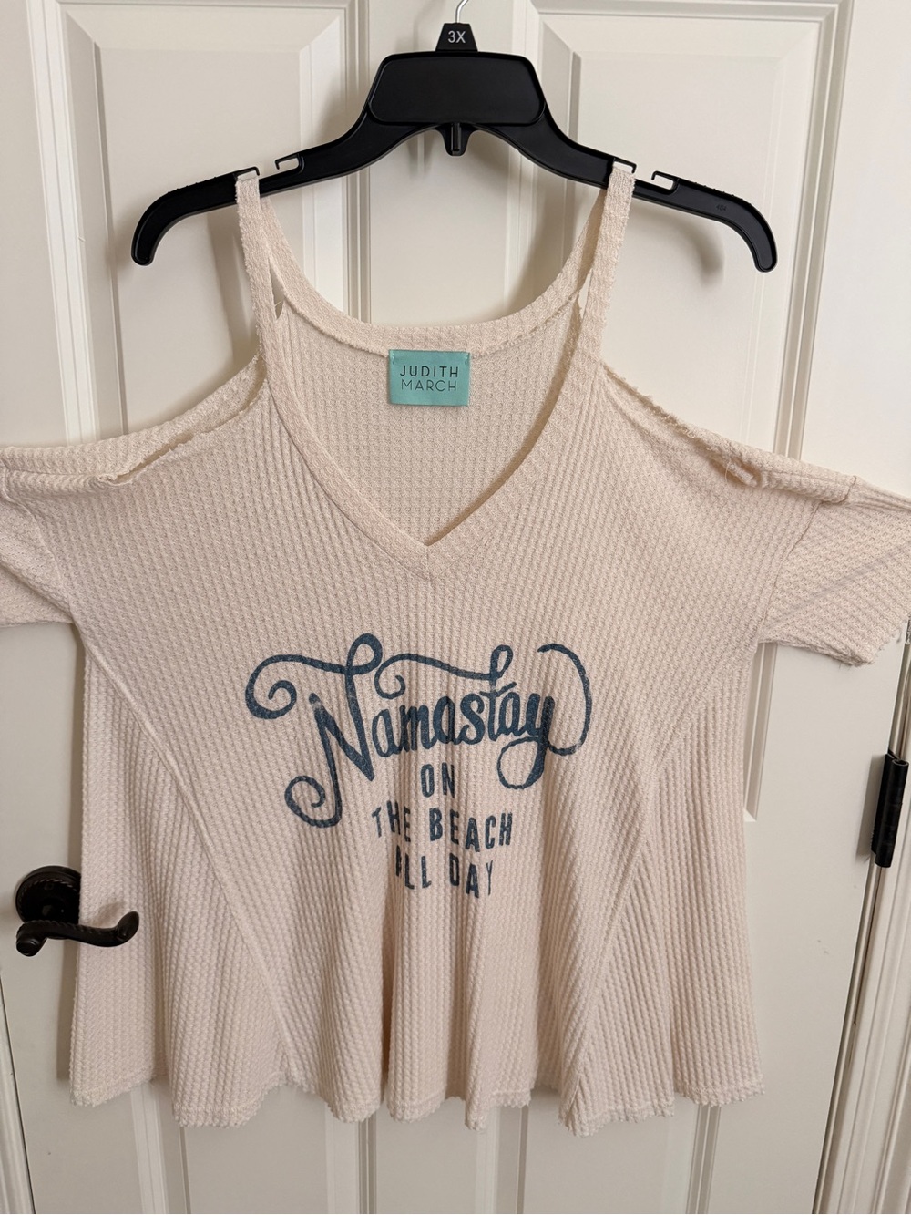 Judith March Cream Cold-Shoulder V-Neck Top with Blue Namastay Graphic